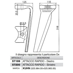 Dente per erpici rotativi - Attacco rapido  Lato Destro  Piatto 110x25.5 mm