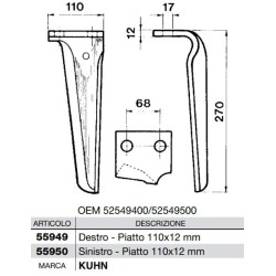 Dente per erpici rotativi  Lato Destro  Piatto 110x12 mm