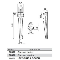 Dente per erpici rotativi - Standard  Lato Destro  Piatto 74x52 mm