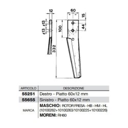 Dente per erpici rotativi  Lato Sinistro  Piatto 60x12 mm