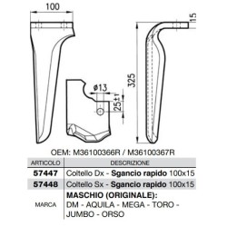 Dente per erpici rotativi - Attacco rapido (Originale)  Lato Destro  Piatto 100x15 mm