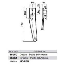 Dente per erpici rotativi  Lato Sinistro  Piatto 60x10 mm
